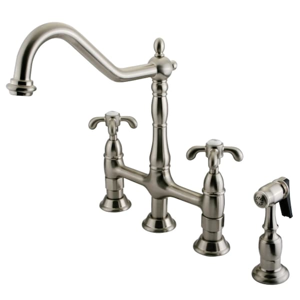 KS1278TXBS French Country Bridge Kitchen Faucet W/ Brass Sprayer, Nickl